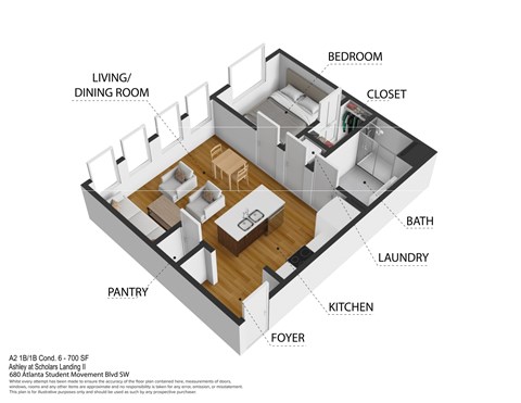 Floor plan for 1 bed, 1 bath, 700 sqft